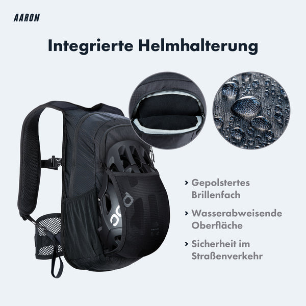 AARON 25L Fahrradrucksack mit integrierter Helmhalterung, wasserabweisender Oberfläche und reflektierendem Regenschutz.