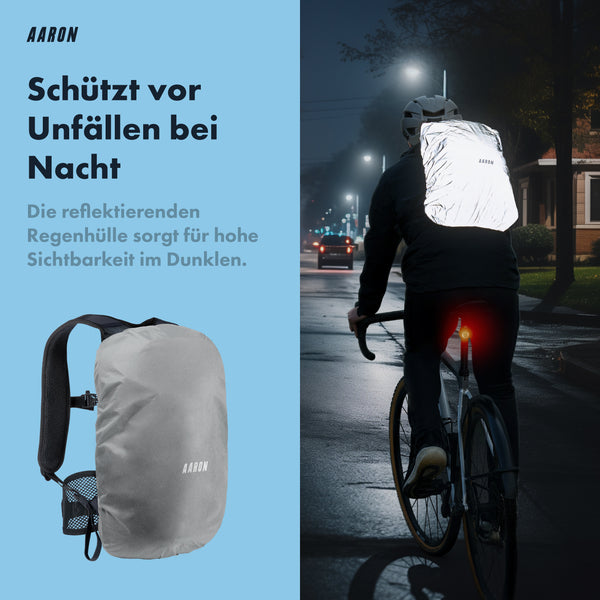 AARON 25L Fahrradrucksack mit reflektierender Regenhülle für hohe Sichtbarkeit und Sicherheit bei Nachtfahrten.