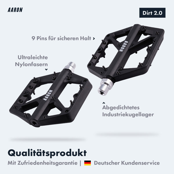 AARON Dirt 2.0 MTB Fahrradpedale schwarz mit 9 Pins, Nylonfasern und abgedichtetem Industriekugellager für sicheren Halt.