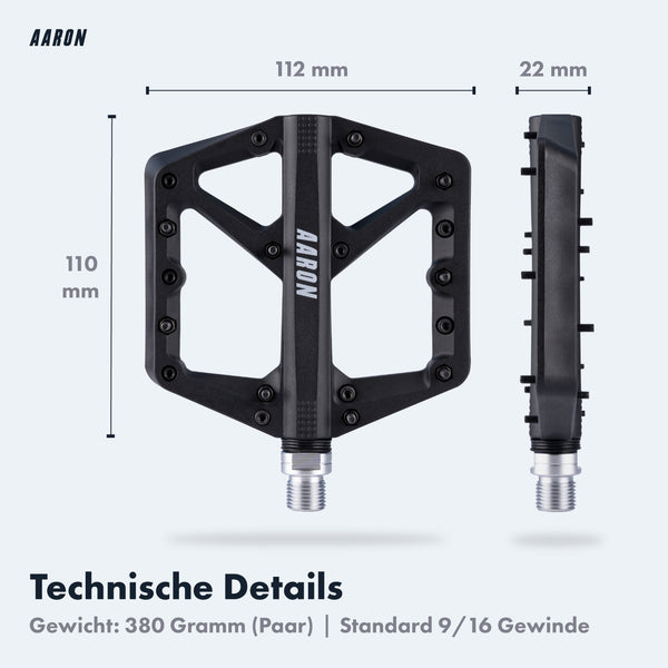 AARON Dirt 2.0 MTB Fahrradpedale Schwarz, robuste Nylonpedale mit rutschfesten Pins, 112x110x22 mm, 380g Paar.