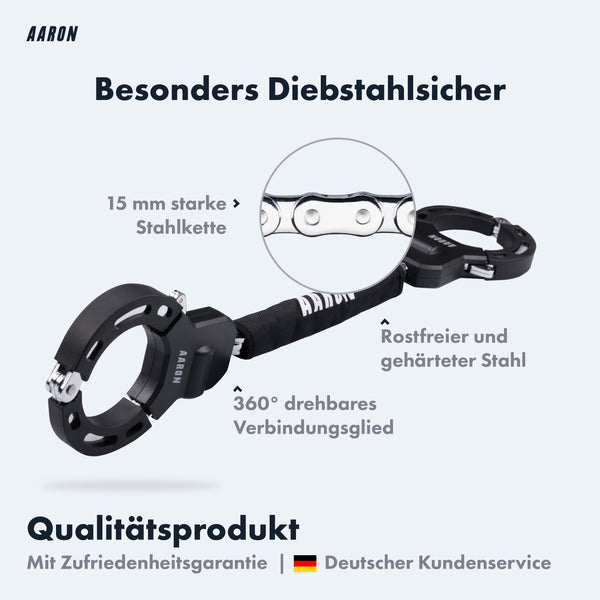 AARON Bolt Handschellenschloss für E-Scooter mit 15 mm Stahlkette, rostfreiem Stahl und 360° drehbarem Verbindungsglied.