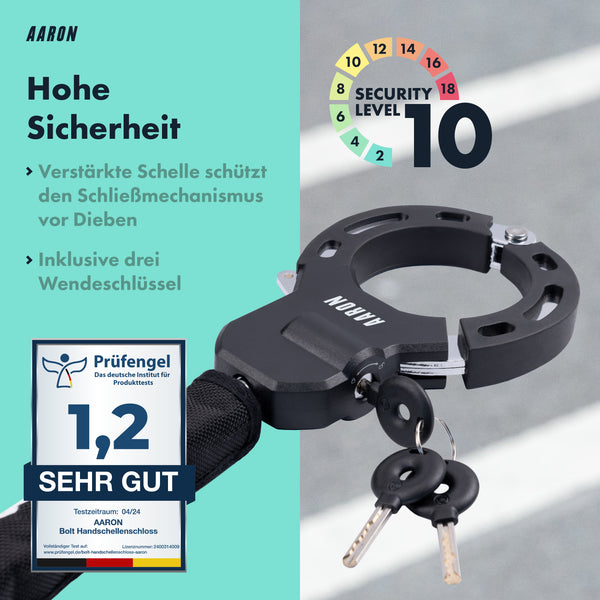 AARON Bolt Handschellenschloss für E-Scooter mit hohem Diebstahlschutz und drei Wendeschlüsseln, Sicherheitslevel 10.