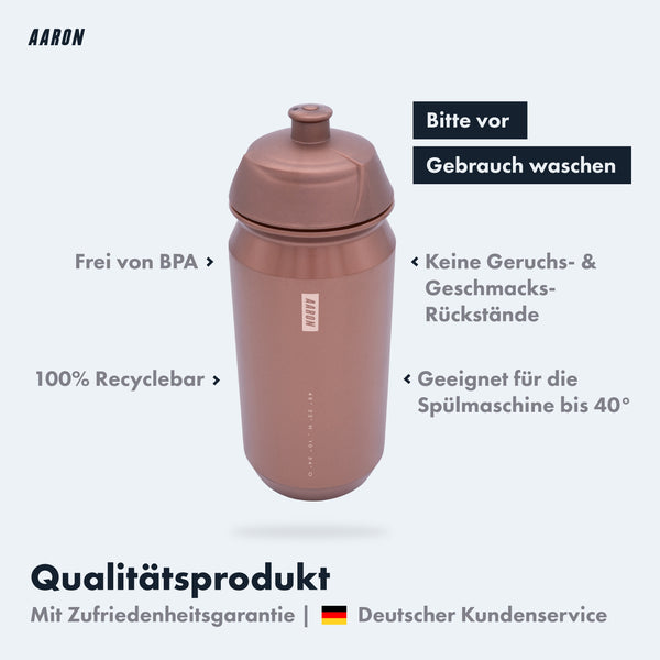 AARON ECO Fahrrad Trinkflasche Bronze, 100% biologisch abbaubar, BPA-frei, spülmaschinengeeignet, auslaufsicher, recycelbar.