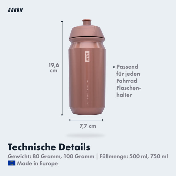 AARON ECO Fahrrad Trinkflasche - 100% biologisch abbaubar, BPA-frei, bronzefarben, 500 ml, passend für Fahrradhalter.