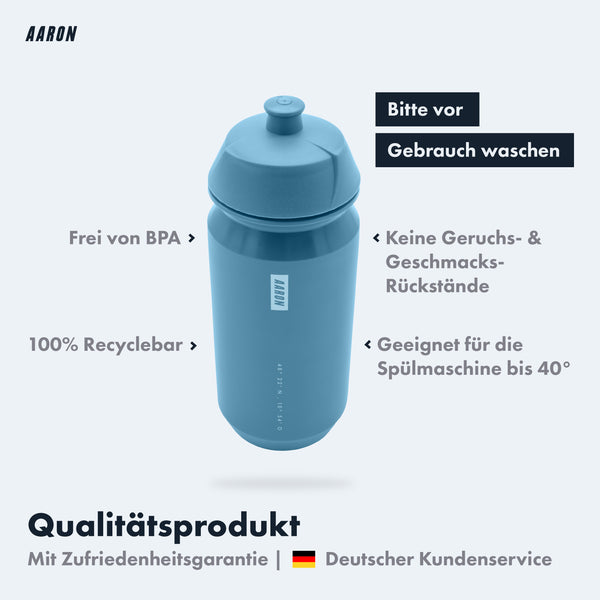 AARON ECO Fahrrad Trinkflasche - 100% Biologisch Abbaubar, BPA-frei, blau, spülmaschinengeeignet bis 40 Grad.