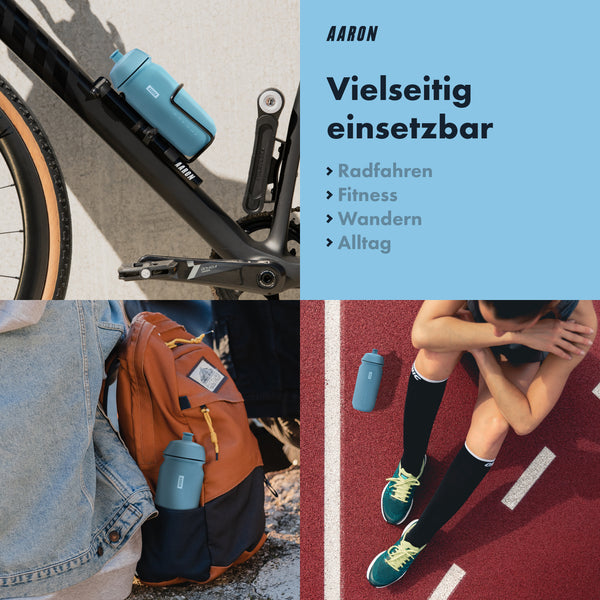 AARON ECO Fahrrad Trinkflasche in Blau, 100% biologisch abbaubar, BPA-frei, auslaufsicher und vielseitig einsetzbar.