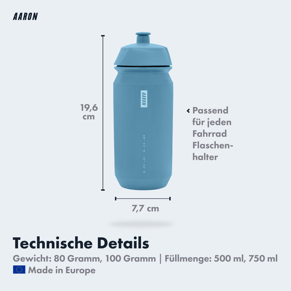 AARON ECO Fahrrad Trinkflasche - 100% biologisch abbaubar, BPA-frei, 500 ml, blau, passend für jeden Fahrrad Flaschenhalter.