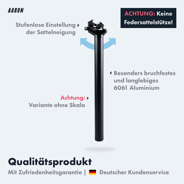 AARON Post Sattelstütze 30,9 oder 31,6 mm, 350mm lang, schwarz, aus bruchfestem 6061 Aluminium, ohne Aufdruck.