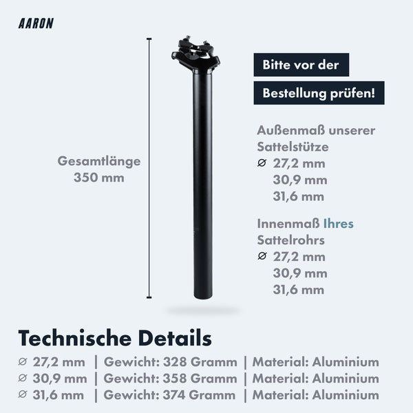 AARON Post Sattelstütze 30,9 oder 31,6 mm, 350 mm Länge, schwarz, langlebiges Aluminium, technische Details sichtbar.