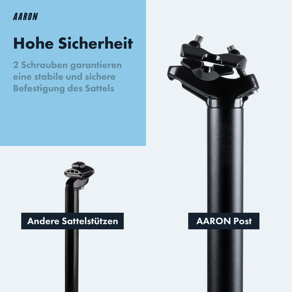AARON Post Sattelstütze 30,9 oder 31,6 mm, 350mm Länge, schwarz, mit stabiler 2-Schrauben Befestigung