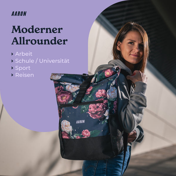 AARON Rolltop 2.0 Rucksack für Damen und Herren mit Blumenmuster, vielseitiger Alltagspartner inklusive Laptopfach.