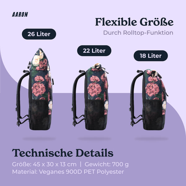 AARON Rolltop 2.0 Rucksack für Damen und Herren mit Blumenmuster in variabler Größe bis 26 Liter Volumen.