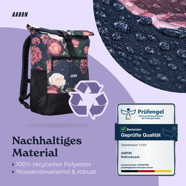 AARON Rolltop 2.0 Rucksack für Damen und Herren mit Blumenmuster aus nachhaltigem, wasserabweisendem Polyester