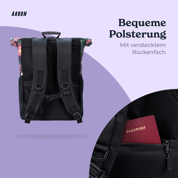 AARON Rolltop 2.0 Rucksack für Damen und Herren mit Blumenmuster, gepolsterte Rückenpartie und verstecktem Fach.