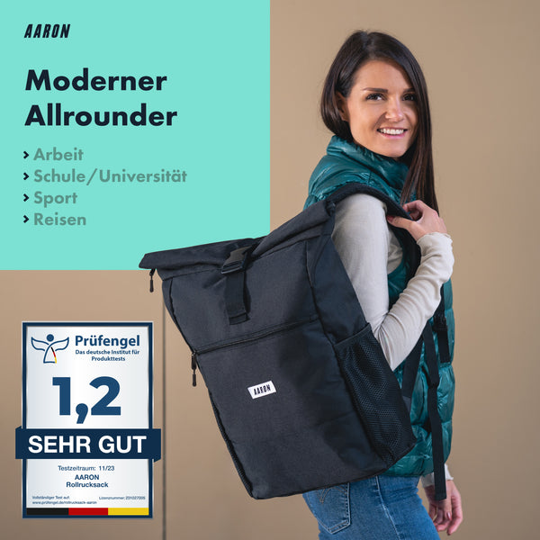 AARON Rolltop 2.0 Rucksack für Damen und Herren - Schwarz an Frau mit Prüfsiegel Sehr gut