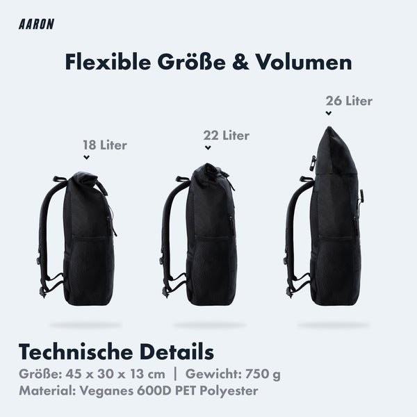 AARON Rolltop 2.0 Rucksack für Damen und Herren - Schwarz als Größenvergleich mit 18 22 und 26 Litern Volumen