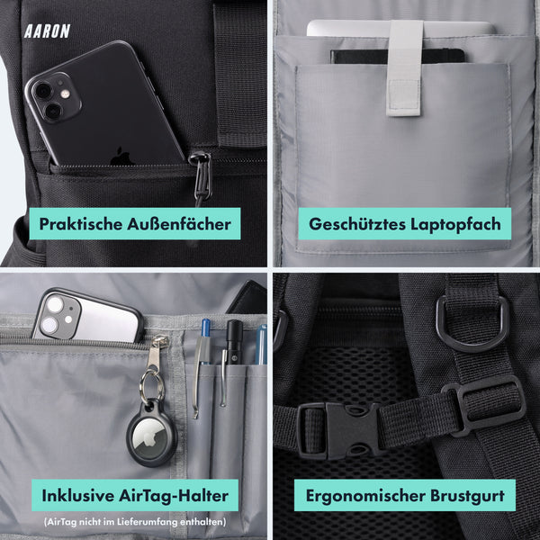 AARON Rolltop 2.0 Rucksack für Damen und Herren - Schwarz mit Außenfächern und Laptopfach sowie AirTag-Halter und Brustgurt