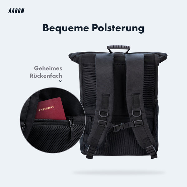 AARON Rolltop 2.0 Rucksack für Damen und Herren - Schwarz mit komfortabler Rückenpolsterung und verstecktem Rückenfach
