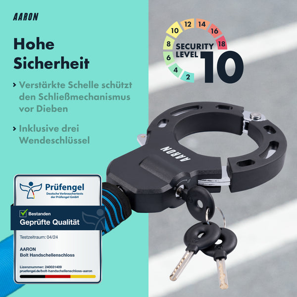 AARON Bolt Handschellenschloss für E-Scooter in Blau mit hohem Sicherheitslevel 10 und drei Wendeschlüsseln.