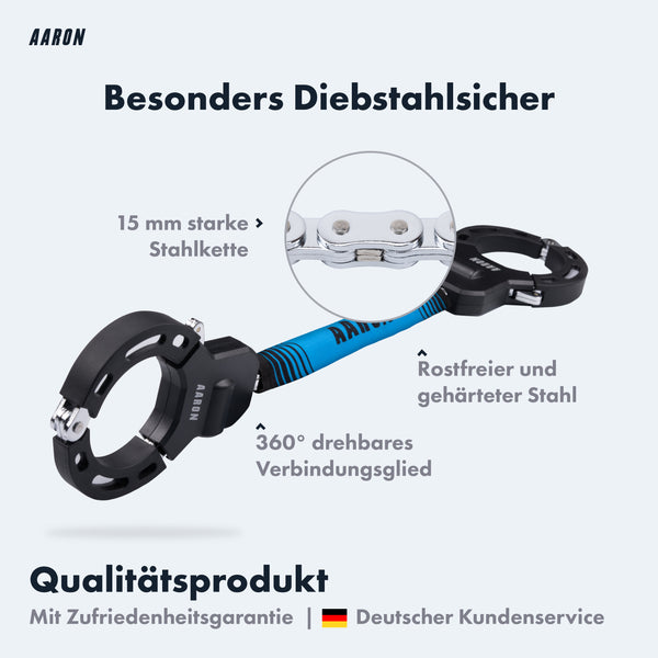 AARON Bolt Handschellenschloss für E-Scooter in Blau mit 15 mm Stahlkette und 360° drehbarem Verbindungs­glied.
