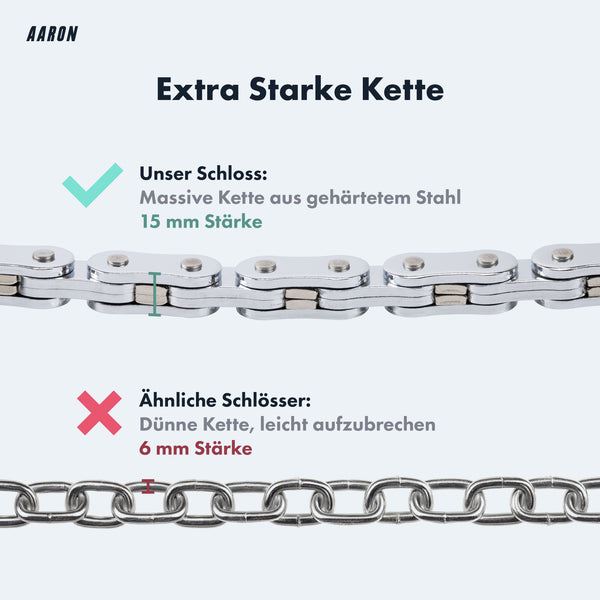 AARON Bolt Handschellenschloss für E-Scooter mit extra starker 15 mm massiver Stahlkette im Vergleich zu dünneren Ketten.