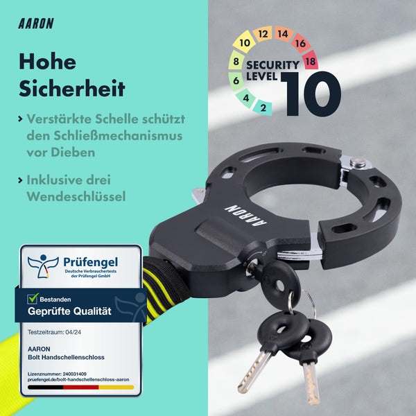 AARON Bolt Handschellenschloss für E-Scooter in Gelb mit hohem Diebstahlschutz und drei Wendeschlüsseln