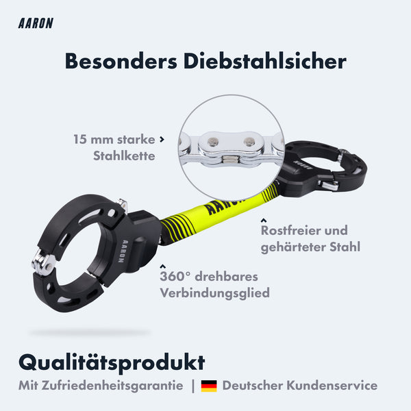 AARON Bolt Handschellenschloss für E-Scooter mit 15 mm Stahlkette, rostfreiem Stahl und 360° drehbarem Verbindungsglied.