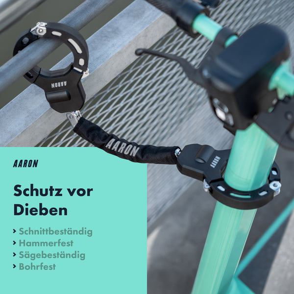 AARON Bolt Handschellenschloss für E-Scooter in Schwarz mit Hochsicherheits-Design und robuster Kette zur Fahrradsicherung.