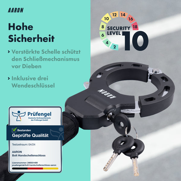 AARON Bolt Handschellenschloss für E-Scooter in Schwarz mit hoher Sicherheit und drei Wendeschlüsseln, geprüft und zertifiziert.