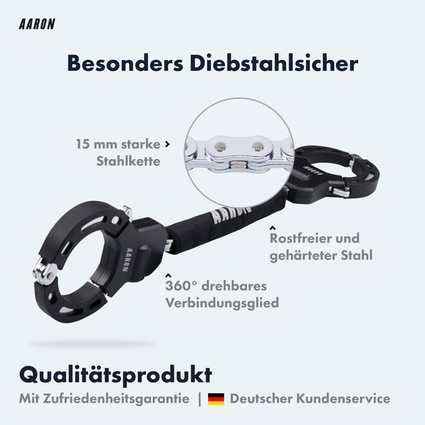AARON Bolt Handschellenschloss für E-Scooter in Schwarz mit 15 mm Stahlkette und drehbarem Verbindungsglied