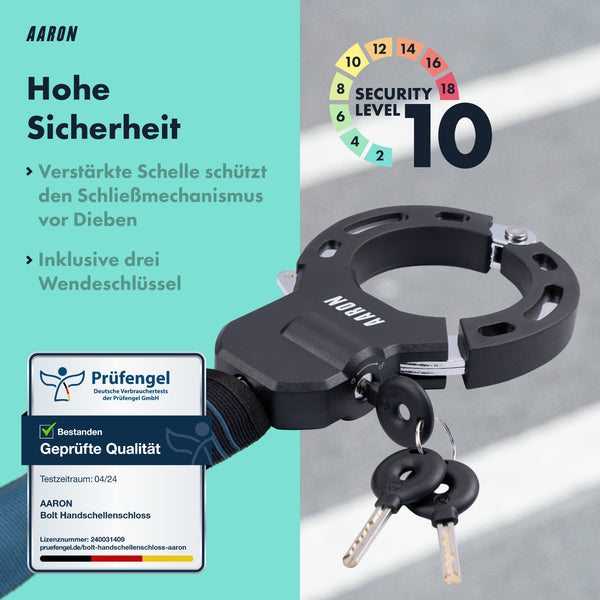 AARON Bolt Handschellenschloss für E-Scooter mit hohem Sicherheitslevel 10 und drei Wendeschlüsseln, schwarz-graublau.