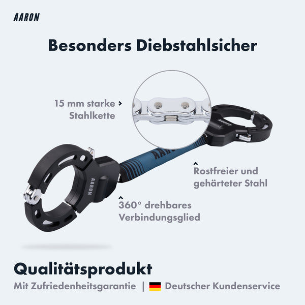 AARON Bolt Handschellenschloss für E-Scooter in Graublau mit 15 mm starker Stahlkette und 360° drehbarem Verbindungsglied.