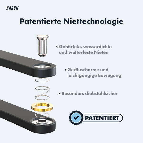 AARON Premium Pro Faltschloss 110 cm mit patentierter Niettechnologie für hohe Sicherheit und wetterfeste, geräuscharme Nieten.