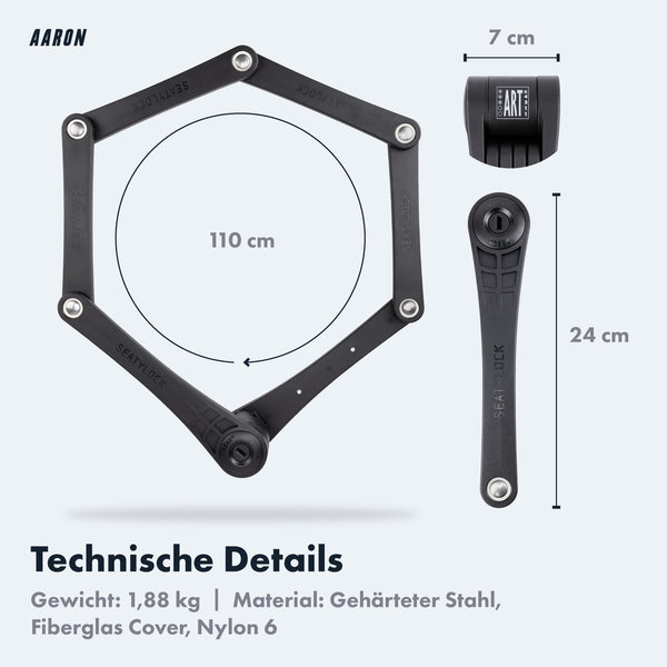 AARON Premium Pro Faltschloss 110 cm, schwarzes gehärtetes Stahl-Fahrradschloss mit Schlüssel und 110 cm Länge, Sicherheitsstufe 18.
