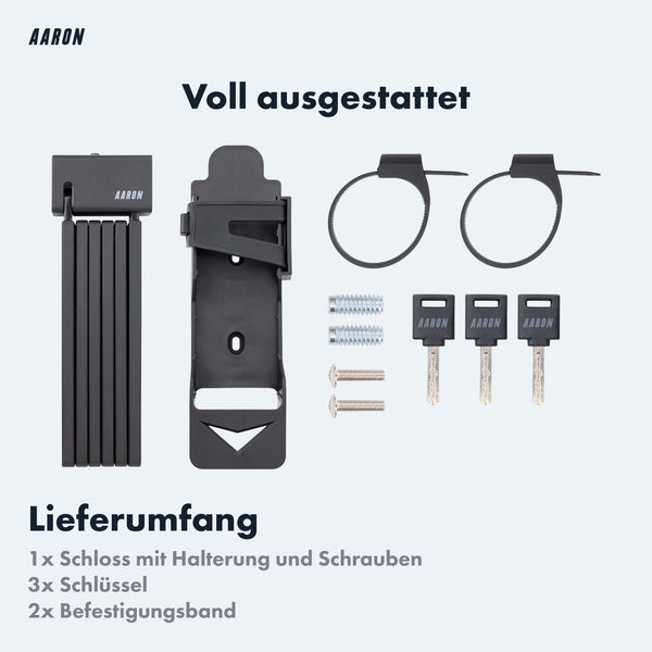AARON Shield Faltschloss 100 cm mit Halterung, 3 Schlüsseln und Befestigungsbändern für sicheren Fahrradschutz.