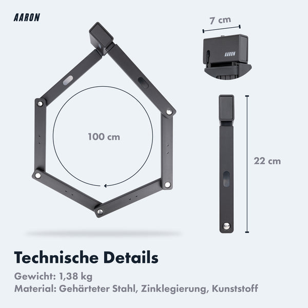 AARON Shield Faltschloss 100 cm faltbar aus gehärtetem Stahl mit Rahmenhalterung und 1,38 kg Gewicht.