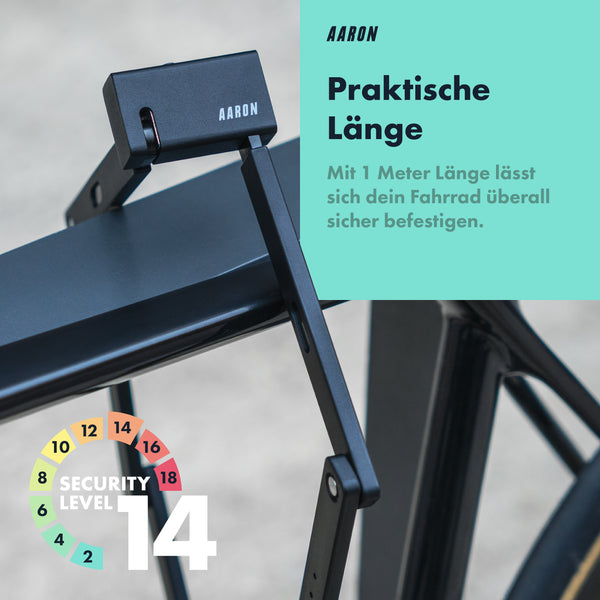 AARON Shield Faltschloss 100 cm an Fahrradrahmen montiert mit Sicherheitsstufe 14 für hohen Schutz.