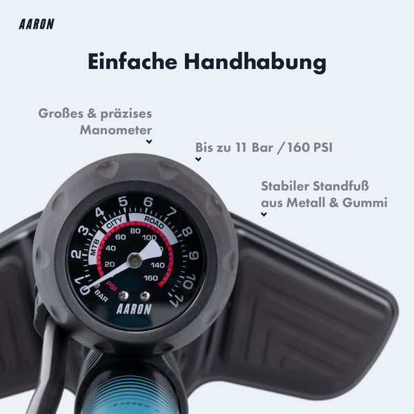 Nahaufnahme des Manometers der AARON Sport One 2.0 Fahrradpumpe - Blau mit stabilem Standfuß aus Metall und Gummi