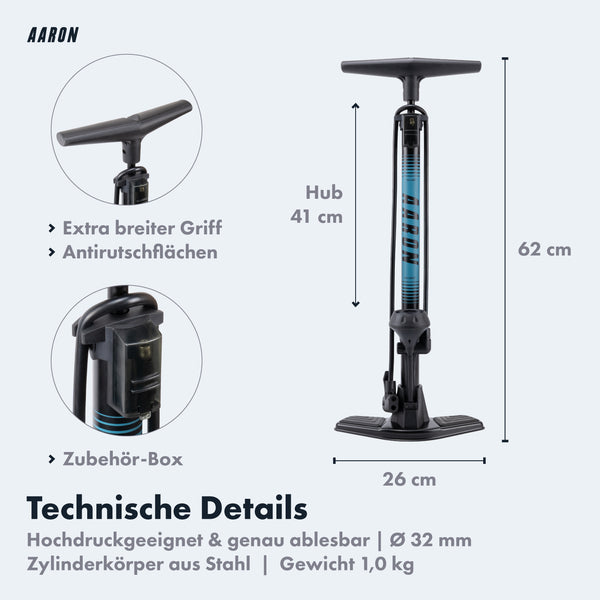 AARON Sport One 2.0 Fahrradpumpe - Blau mit extra breitem Griff, Zubehör-Box und Antirutschflächen, Maße und technische Details sichtbar