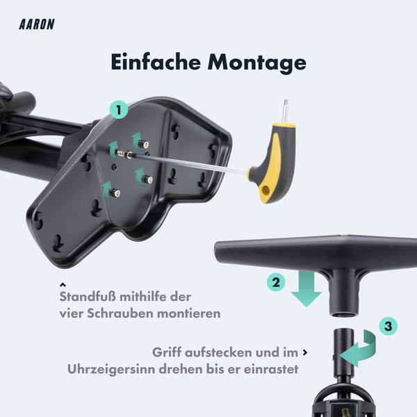 Montageschritte der AARON Sport One 2.0 Fahrradpumpe - Blau mit Standfuß und aufsteckbarem Griff gezeigt