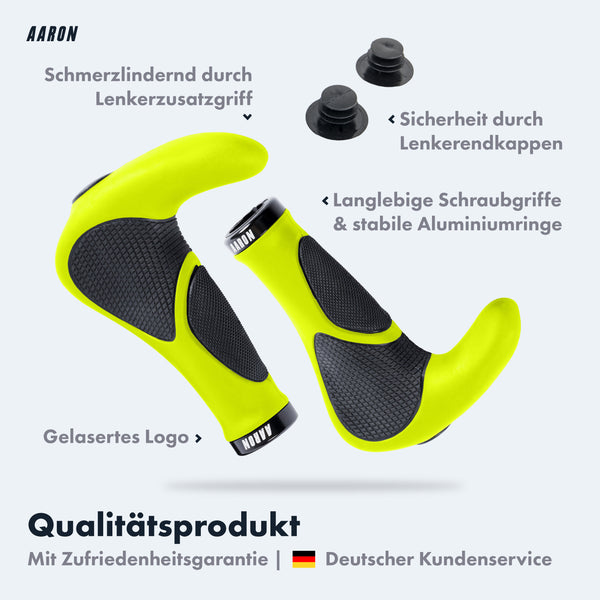 AARON Horn Fahrradgriffe Gelb mit Gel-Dämpfung und rutschfester Oberfläche für schmerzfreie, ergonomische Fahrradlenkeraufsätze.