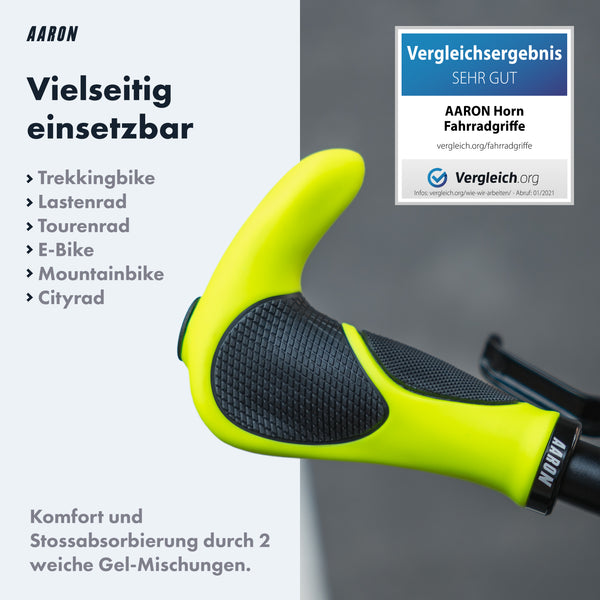 AARON Horn Fahrradgriffe Gelb - Mit Gel-Dämpfung ergonomisch und stoßdämpfend für vielseitige Fahrräder