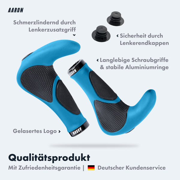 AARON Horn Fahrradgriffe Blau mit Gel-Dämpfung, ergonomisch, rutschfest und mit Aluminiumringen für sicheren Halt am Lenker.