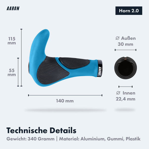 AARON Horn Fahrradgriffe Blau mit Gel-Dämpfung, ergonomisch, rutschfest, montierbar, für schmerzfreie Handgelenke am Fahrradlenker.