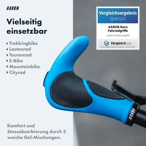 AARON Horn Fahrradgriffe Blau Mit Gel-Dämpfung ergonomisch rutschfest für vielseitige Fahrradtypen komfortabel