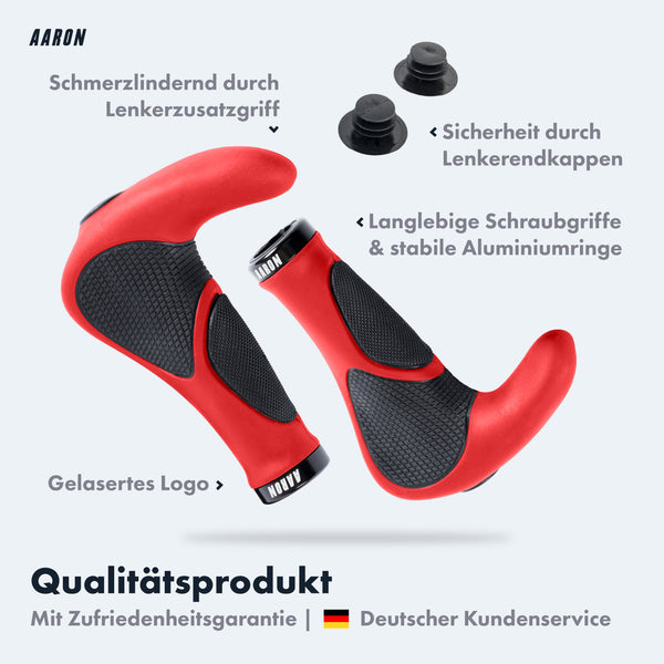 AARON Horn Fahrradgriffe Rot mit Gel-Dämpfung, ergonomisch, rutschfest, langlebig und sicher durch Aluminiumringe und Lenkerendkappen.