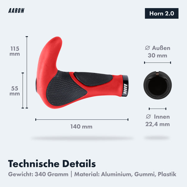 AARON Horn Fahrradgriffe Rot mit Gel-Dämpfung, ergonomisch, rutschfest, für MTB und Tourenräder, Maße und Material angezeigt.