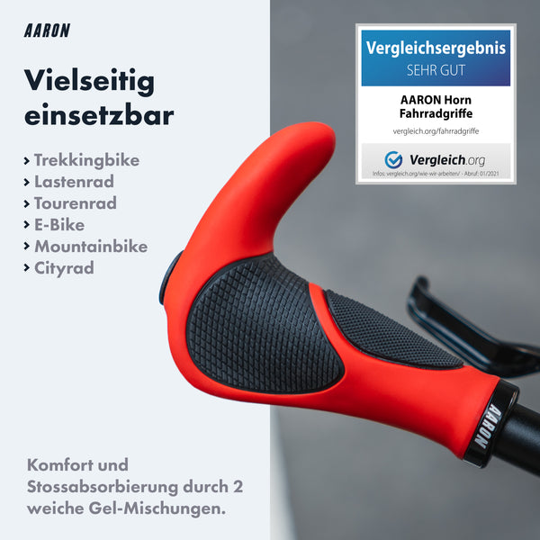 AARON Horn Fahrradgriffe Rot - Mit Gel-Dämpfung, ergonomisch, stoßabsorbierend und rutschfest für vielseitigen Einsatz am Fahrrad