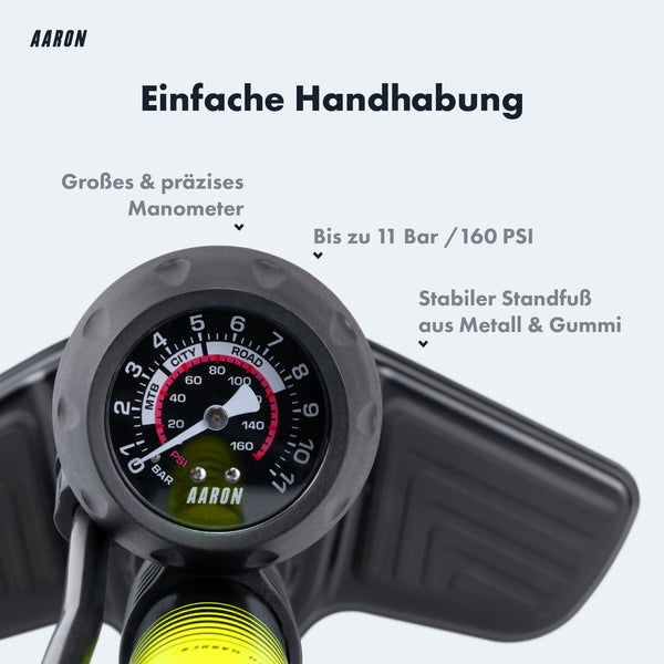 Nahaufnahme des Manometers der AARON Sport One 2.0 Fahrradpumpe - Gelb mit stabilem Standfuß aus Metall und Gummi