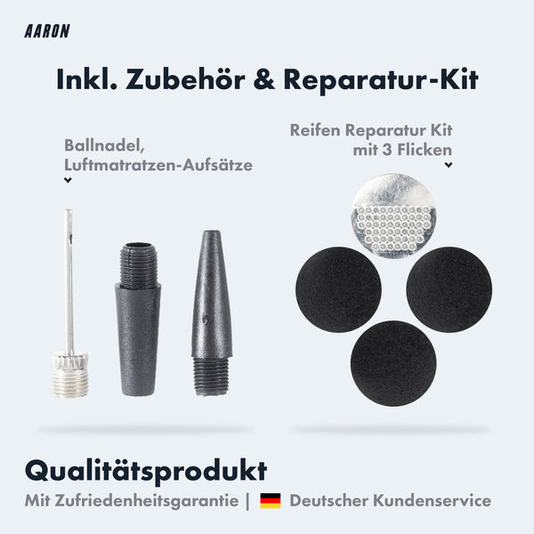 AARON Sport One 2.0 Fahrradpumpe - Gelb Zubehörteile wie Ballnadel und Reparaturkit mit Flicken auf weißem Hintergrund